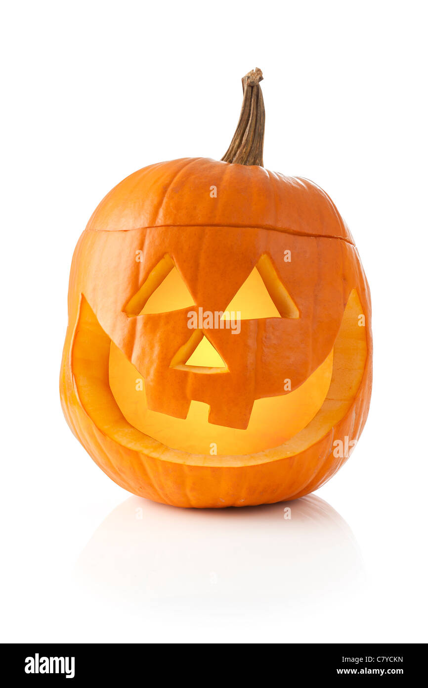Jack O' lanterna accesa all'interno e isolato su sfondo bianco Foto Stock