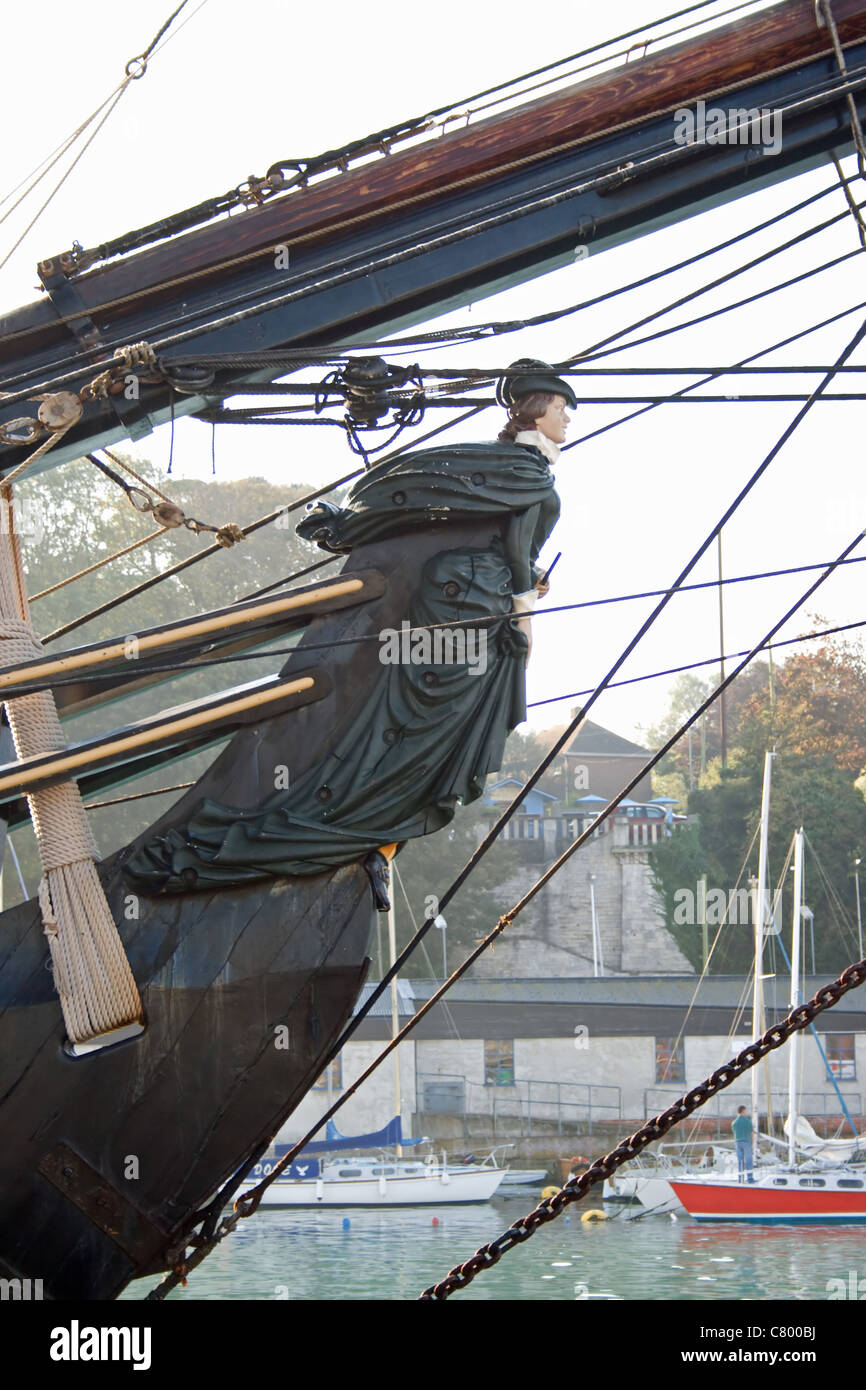 Polena su tall ship Bounty ormeggiata nel porto di Weymouth in Inghilterra. Foto Stock