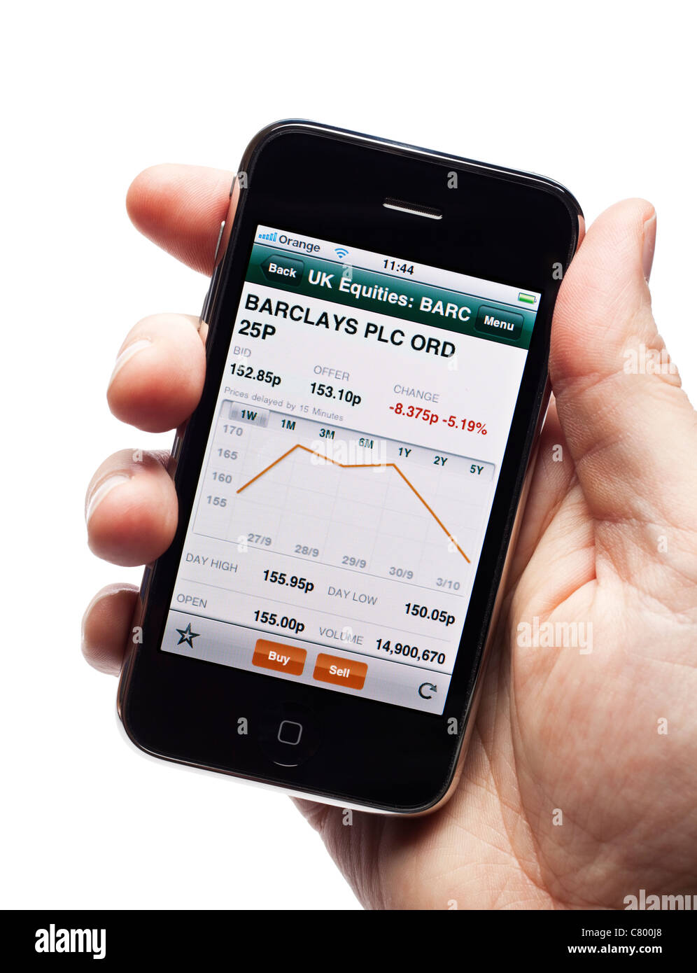 Utilizzando un live stock market trading app su uno smartphone elegante telefono cellulare telefono cellulare Foto Stock