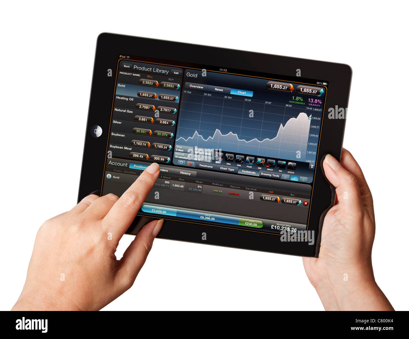 Il mercato azionario trading - Mani tenendo iPad utilizzando un live stock market trading applicazione Foto Stock