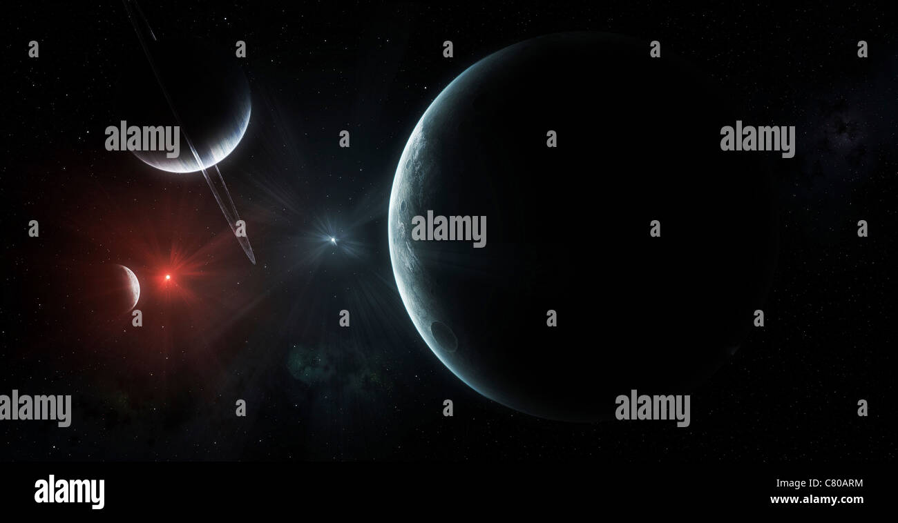 Questo sistema stellare binario è noto per il porto di un paio di selezionare i pianeti; guardando curiosamente da lontano a loro luminosi genitore suns. Foto Stock