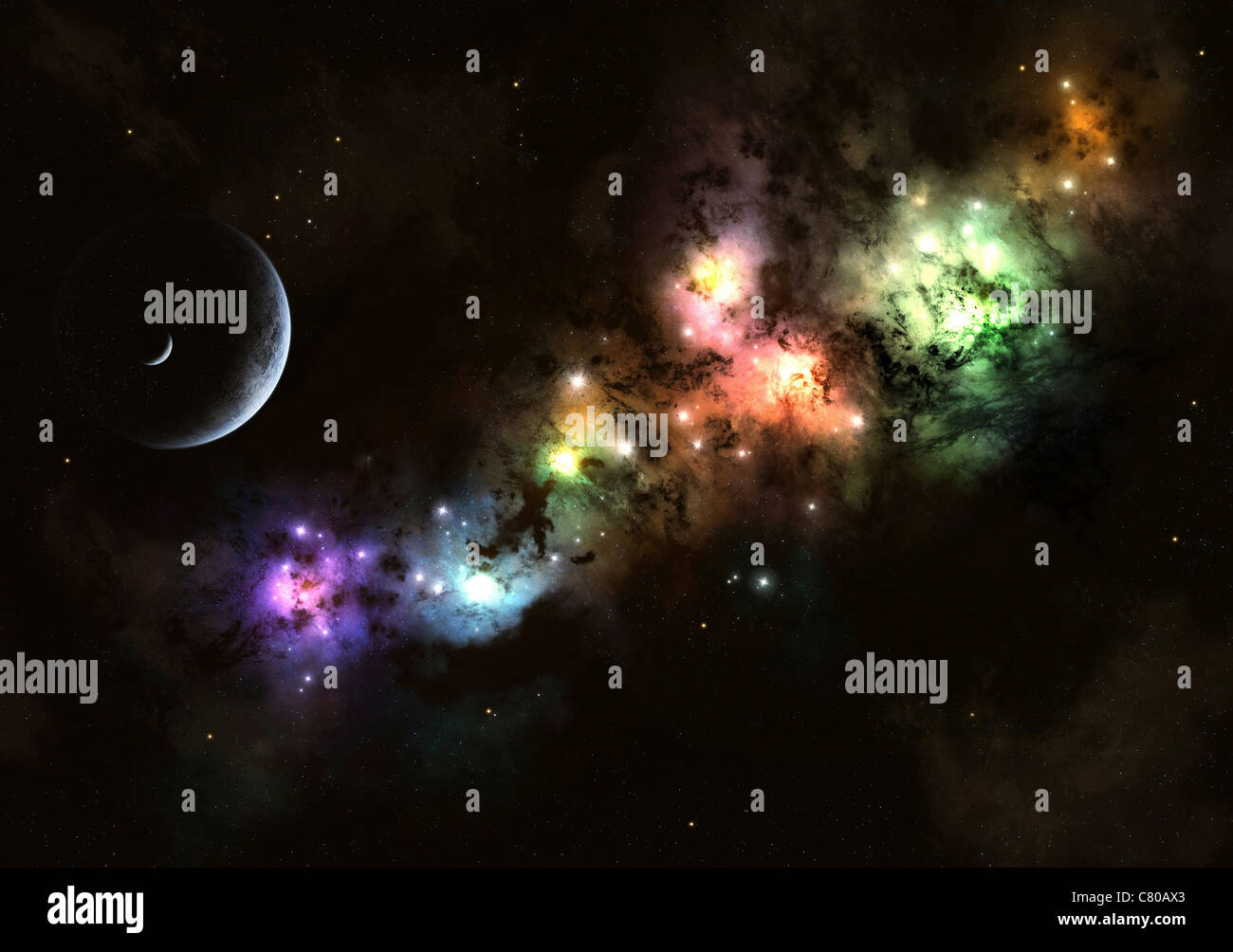 Artista del concetto di Pianeta Carenteen, un dwarf planet host di bellissimi cieli notturni. Foto Stock