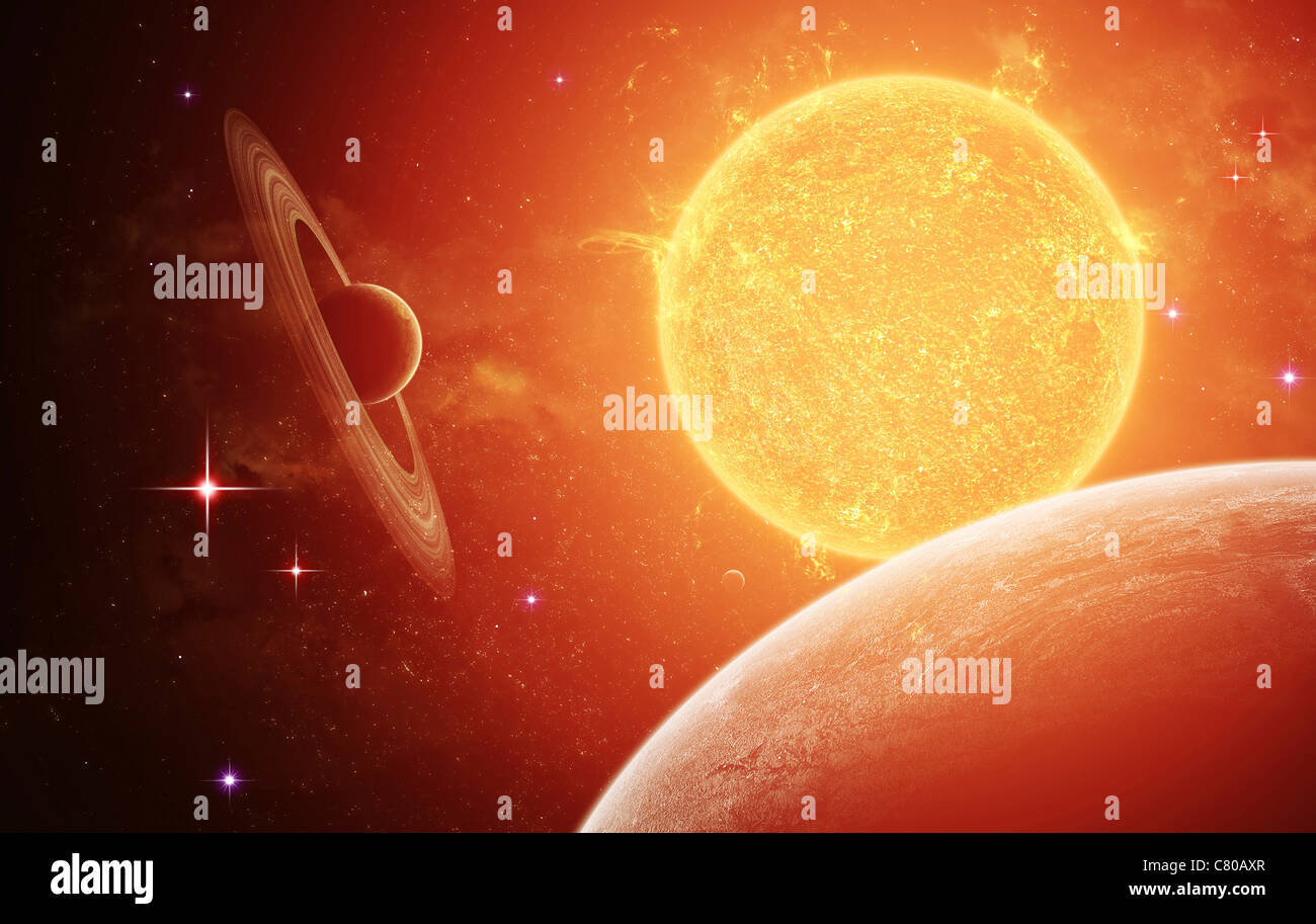 Un pianeta e la sua luna resistente al calore implacabile del gigante arancione sun Pollux. Foto Stock