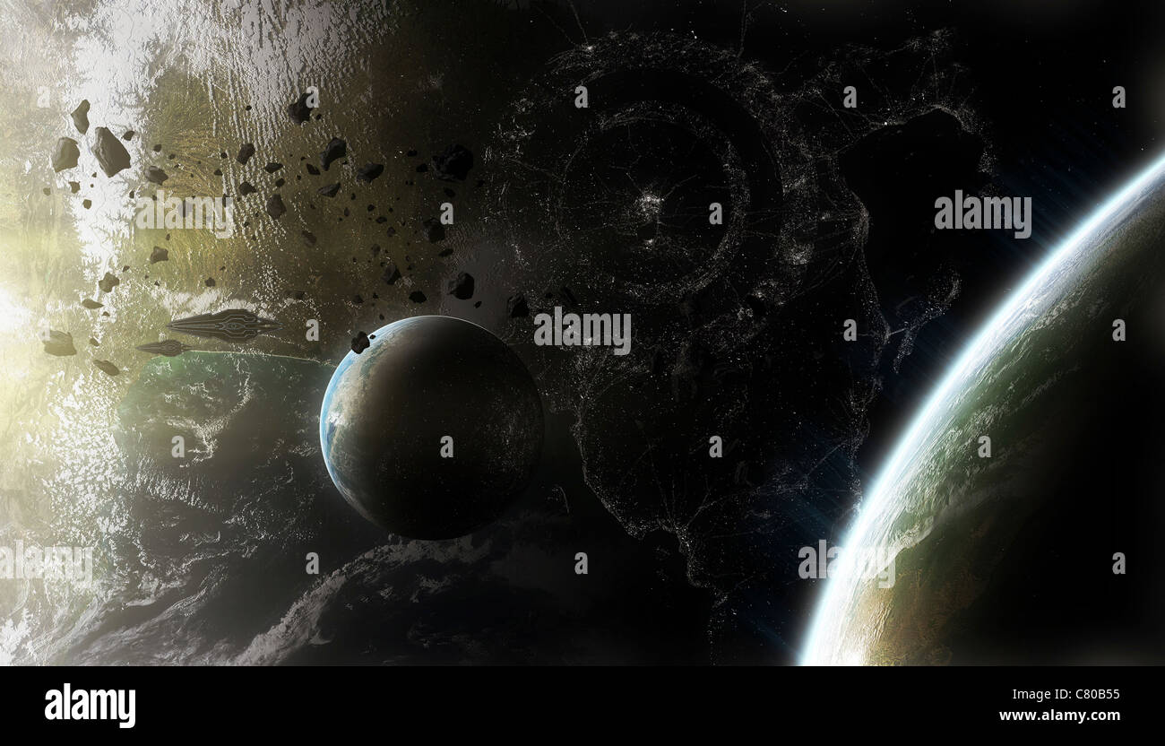 Due cacciatorpediniere aliena le navi pattuglia orbita della loro immensamente ampia homeworld. Foto Stock