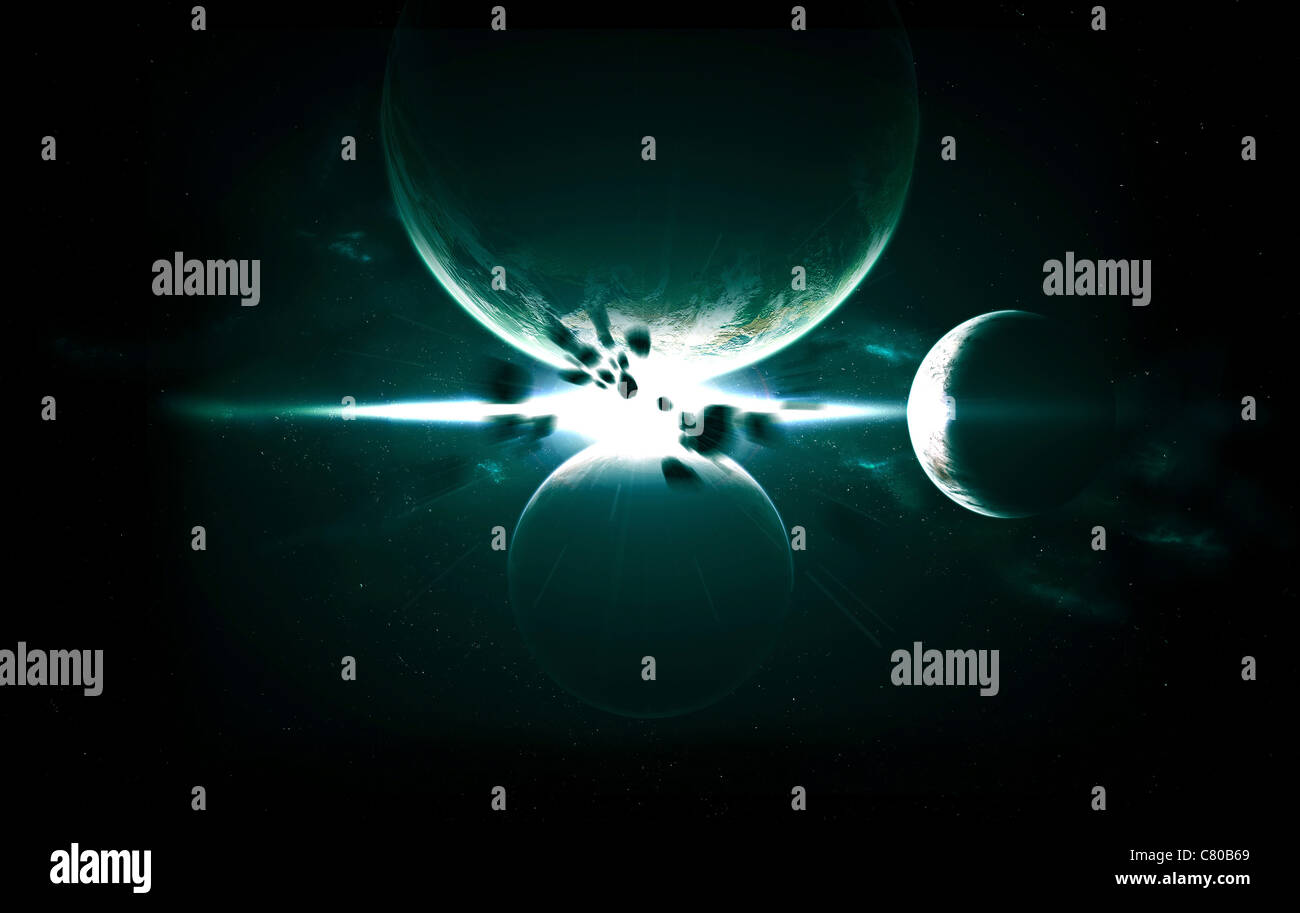 Una composizione drammatica di un pianeta e le sue 3 lune allineati in una perfetta e formazione simmetrica. Foto Stock
