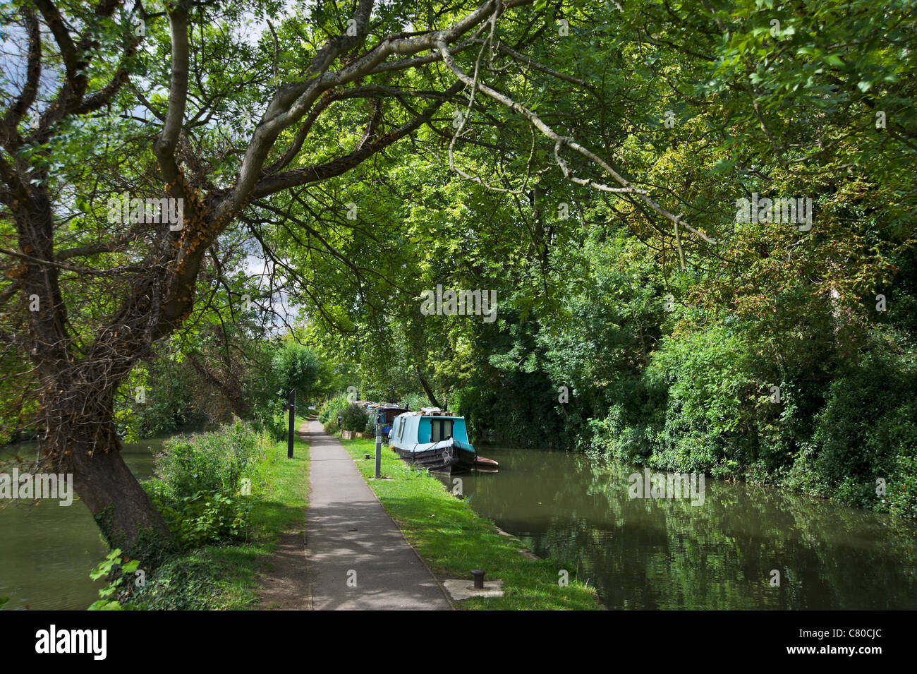 Il percorso a fianco della Oxford Canal vicino al centro della città di Oxford, Oxfordshire, England, Regno Unito Foto Stock