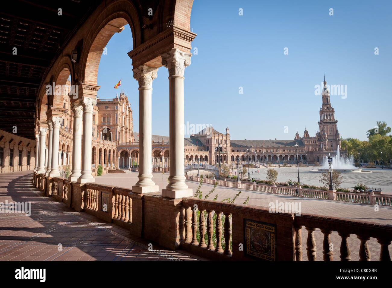 Una panoramica della Plaza de Espana in Siviglia, Spagna. Foto Stock