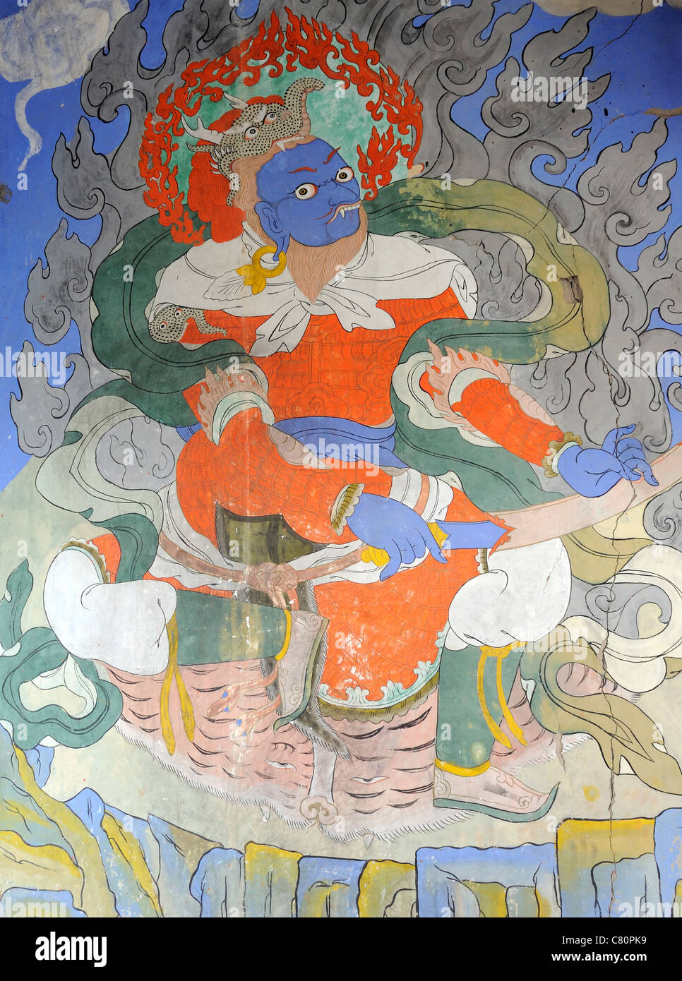 Pittura murale di Virudhaka. Monastero di Diskit, Deskit Gompa, Diskit Gompa del Ladakh Foto Stock