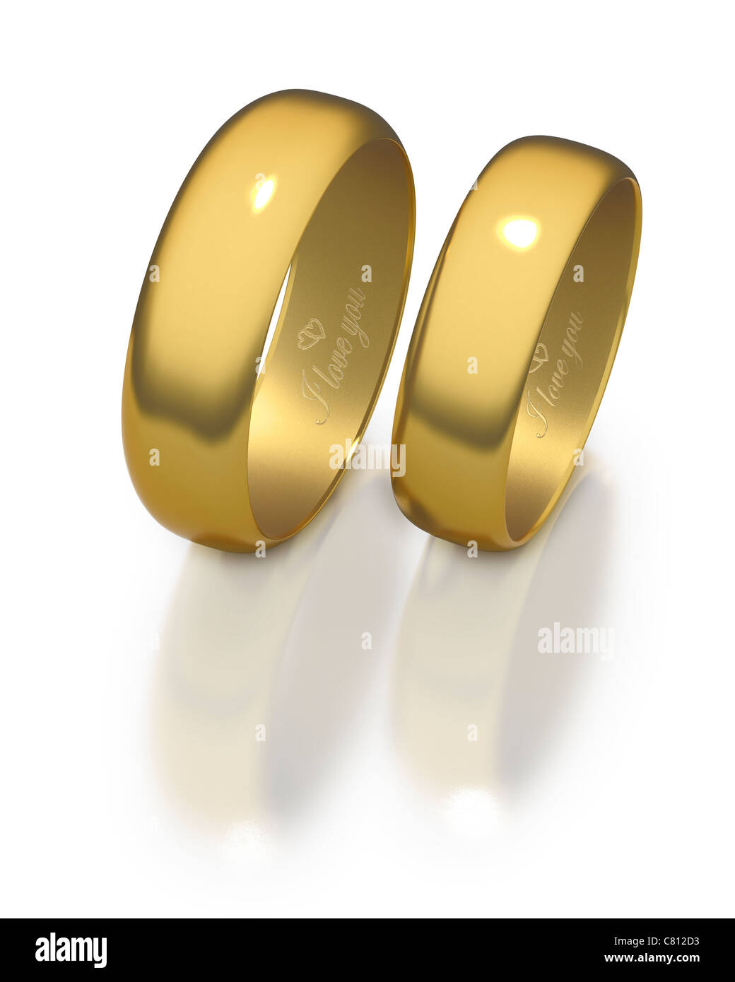 Due posti verticalmente wedding bands con inciso TI AMO motivo Foto Stock