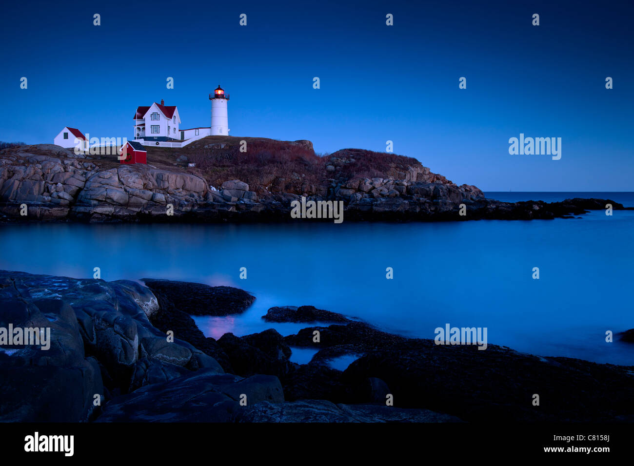 Notte a Nubble Faro di Cape Neddick, Maine, Stati Uniti d'America Foto Stock