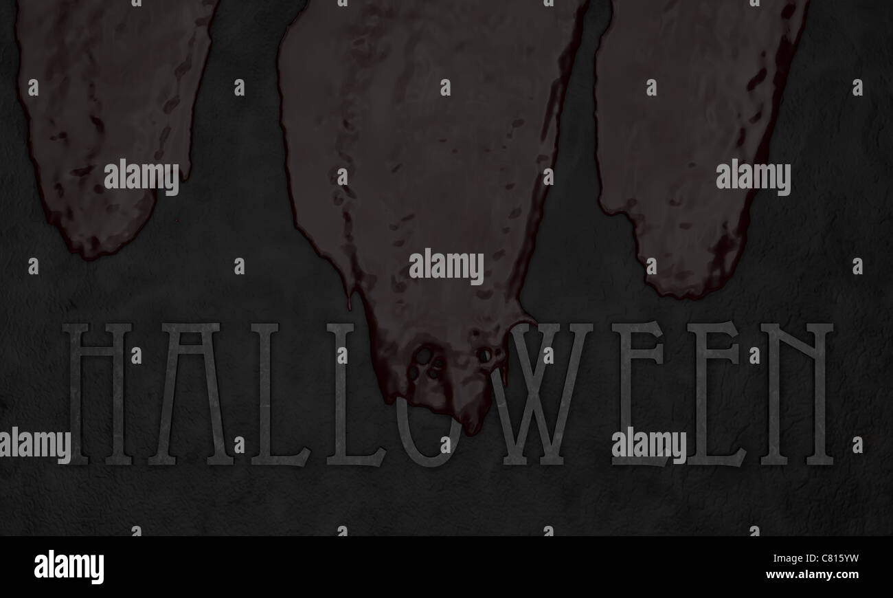 Dark il sangue scorre verso il basso la parete oltre la scrittura di halloween Foto Stock