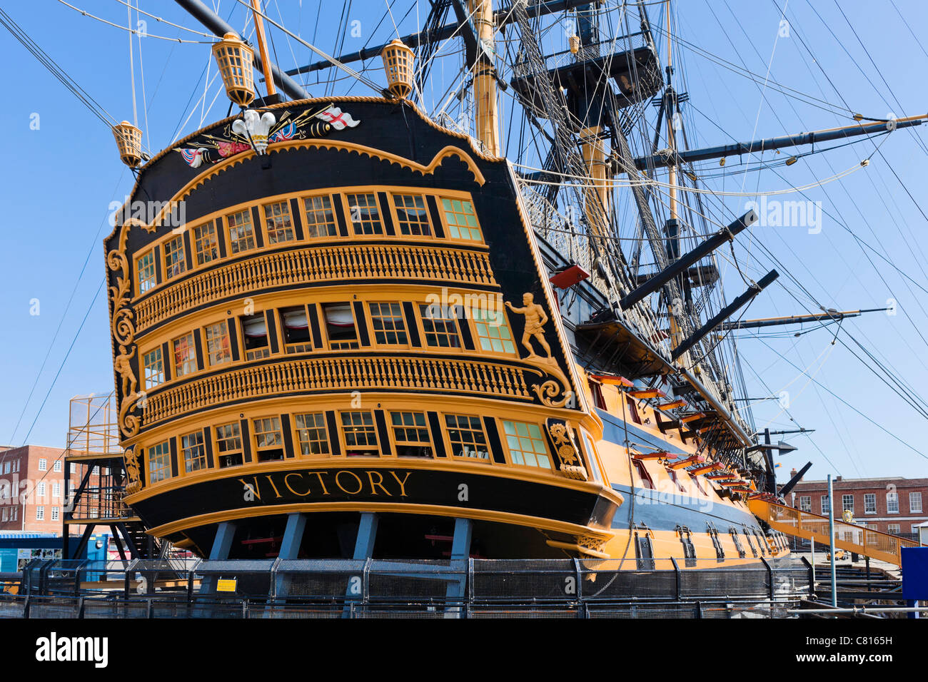 Admiral Lord Nelson nave ammiraglia HMS Victory a Portsmouth Historic Dockyard, Portsmouth, Hampshire, Inghilterra, Regno Unito Foto Stock