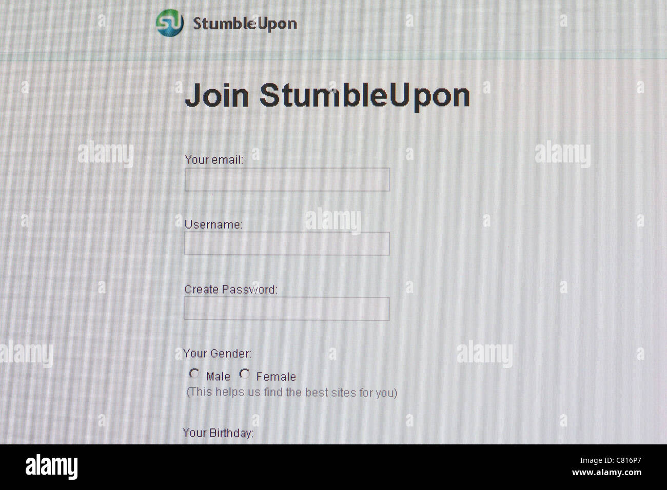 Stumbleupon signup page Foto Stock