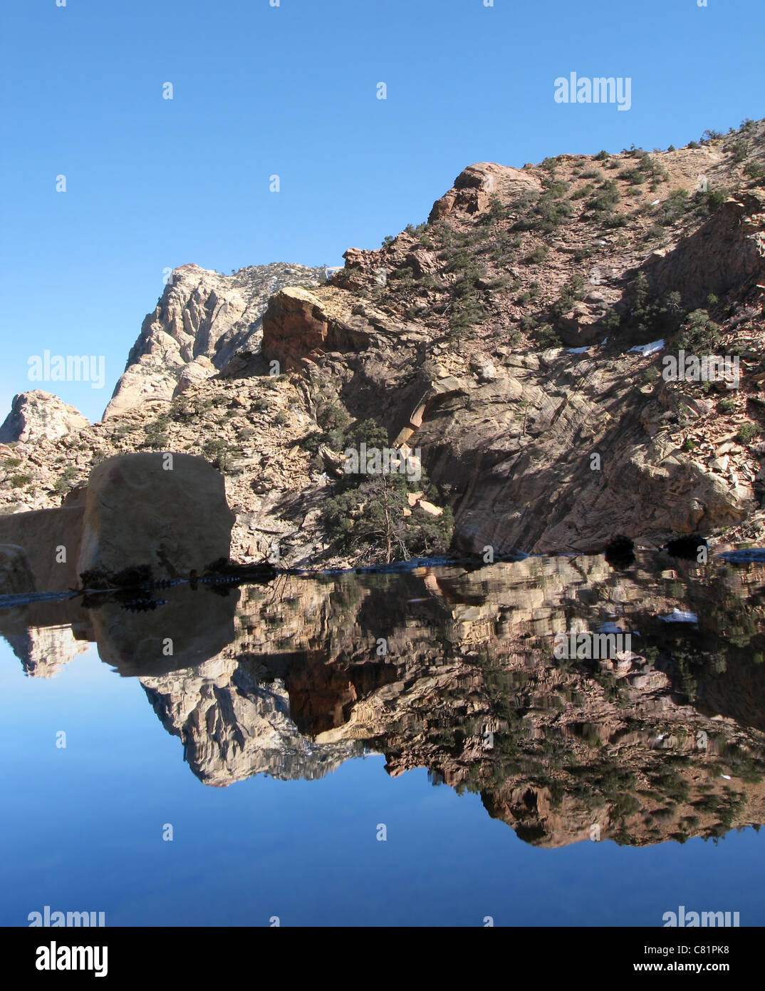 Mount Wilson nelle Red Rocks Area di conservazione si riflette in una piccola piscina in Oak Creek Foto Stock