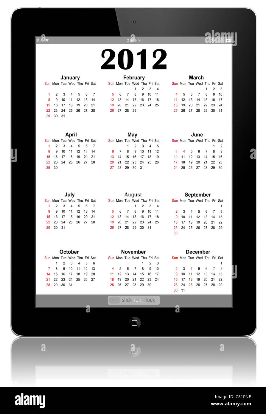 Calendario per il 2012 in IPad sullo schermo bianco Foto Stock