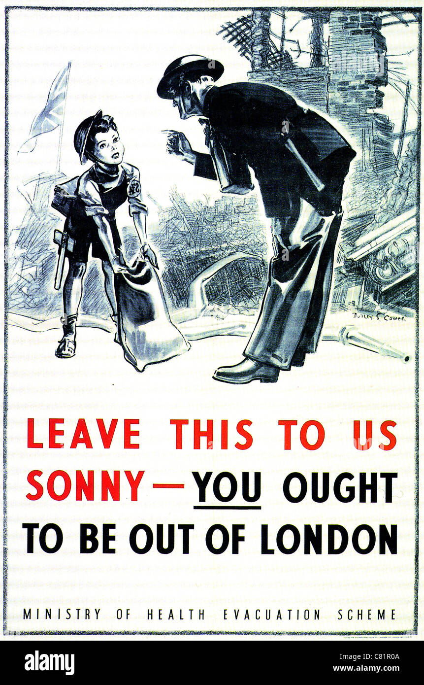Schema di evacuazione British WW2 poster rilasciato dal Ministero della Sanità Foto Stock
