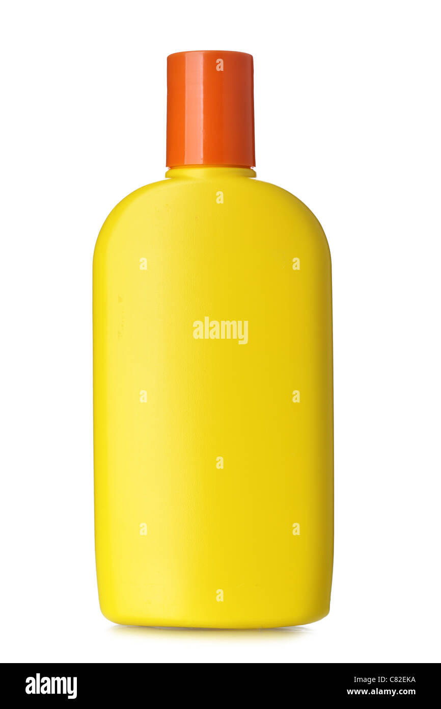 Bottiglia di sunscreen isolato su sfondo bianco Foto Stock
