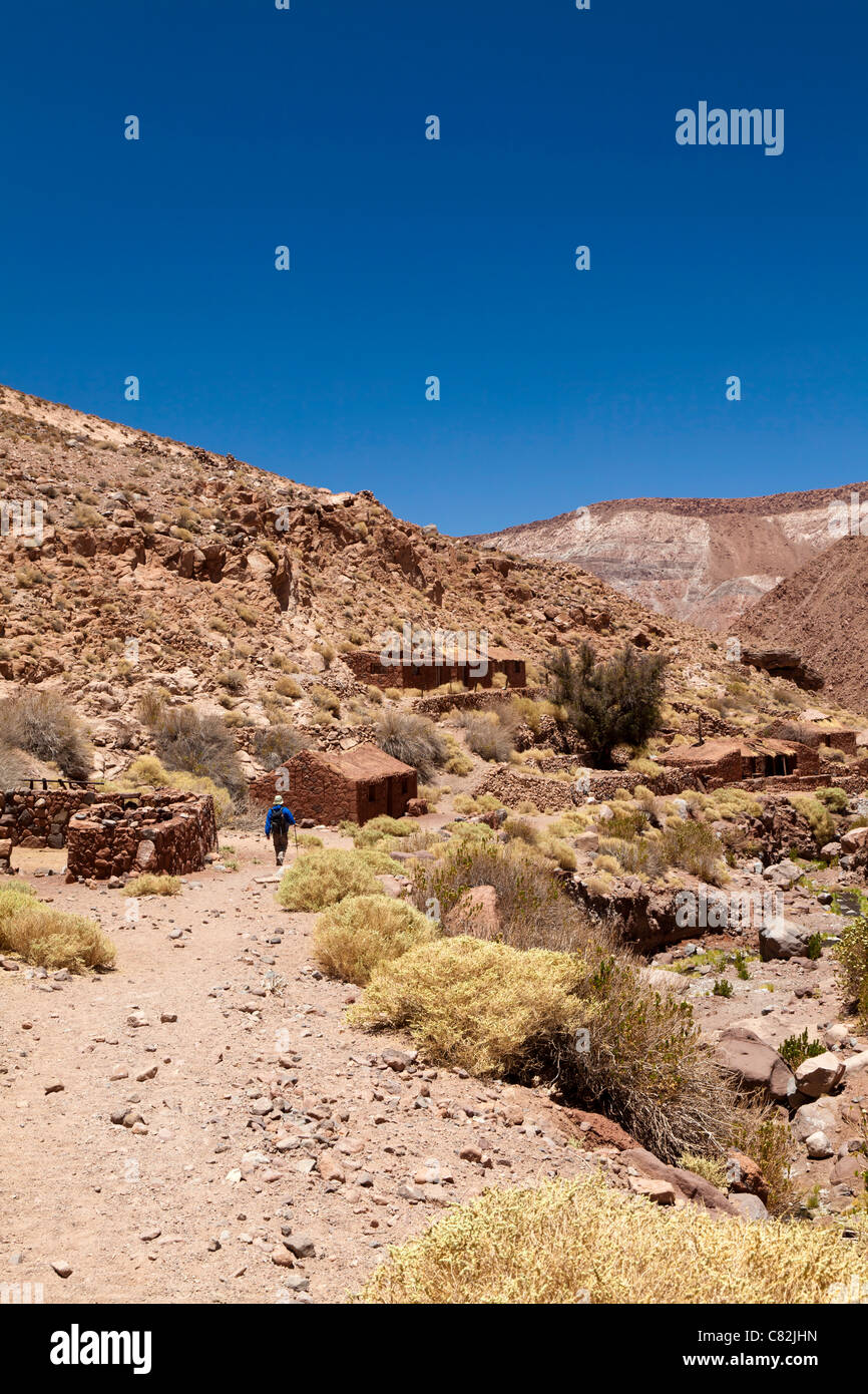 Uomo che cammina attraverso il villaggio abbandonato di Penaliri, Rio Grande, il Deserto di Atacama, Cile Foto Stock