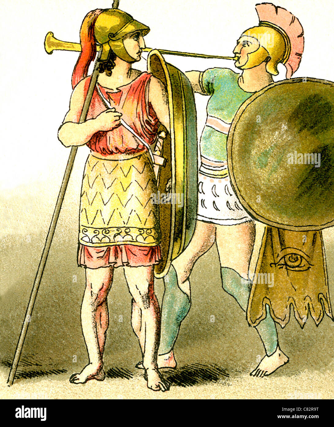 Queste illustrazioni degli antichi Greci rappresentano, da sinistra a destra: un guerriero e un Trombettista. Le illustrazioni data al 1892. Foto Stock