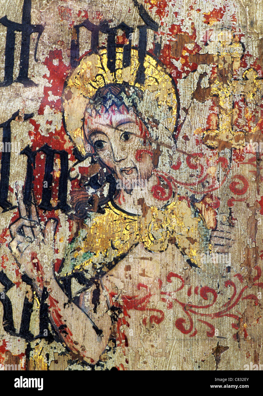 Binham Priory, Norfolk, rood schermo. Il Cristo risorto, l Uomo dei dolori, sovrastampato con il testo da Cranmer Bibbia della riforma Foto Stock