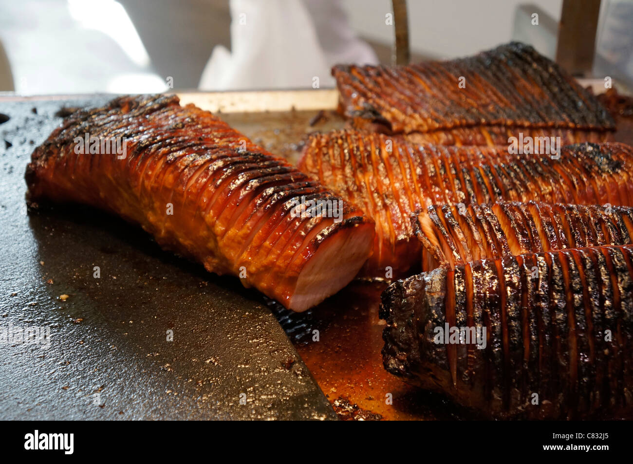 Arrosto prosciutto, pancetta tagliata a fette Foto Stock