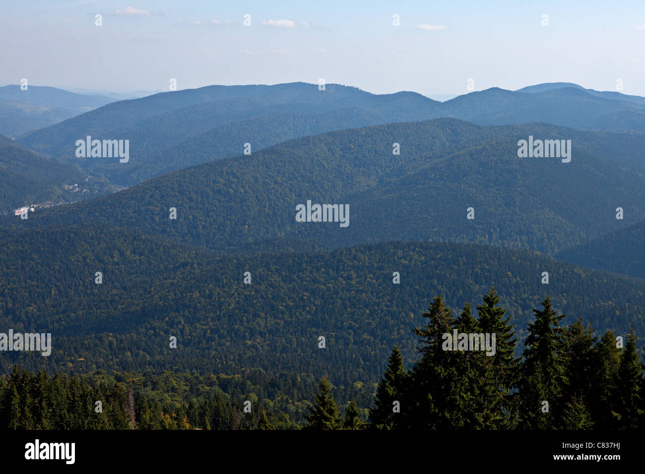 Paesaggio di Bucegi parco naturale nel sud Carpazi, Romania sulla città di Sinaia Foto Stock