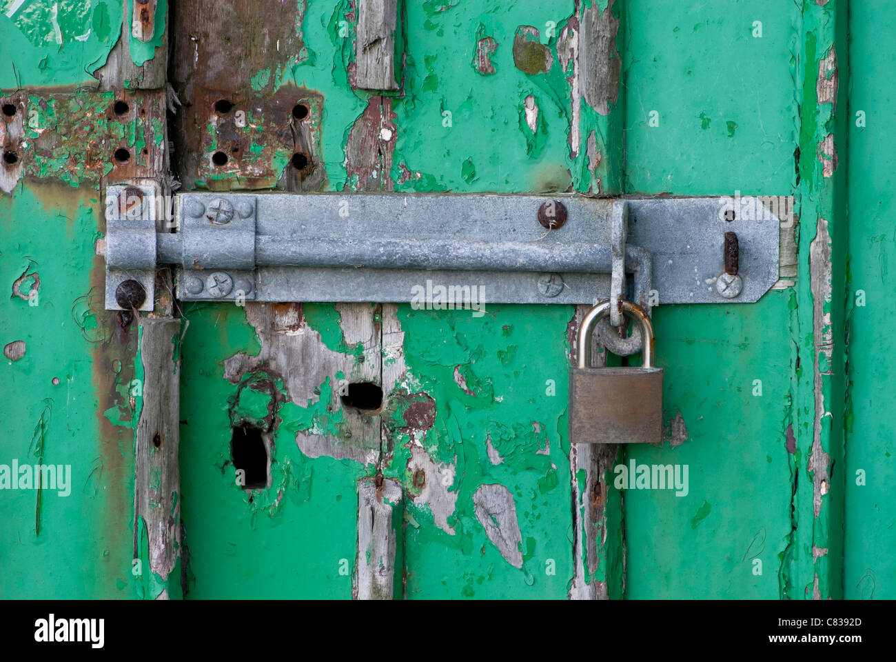 Verde vecchia porta di legno con il bullone di grandi dimensioni e un lucchetto. Foto Stock