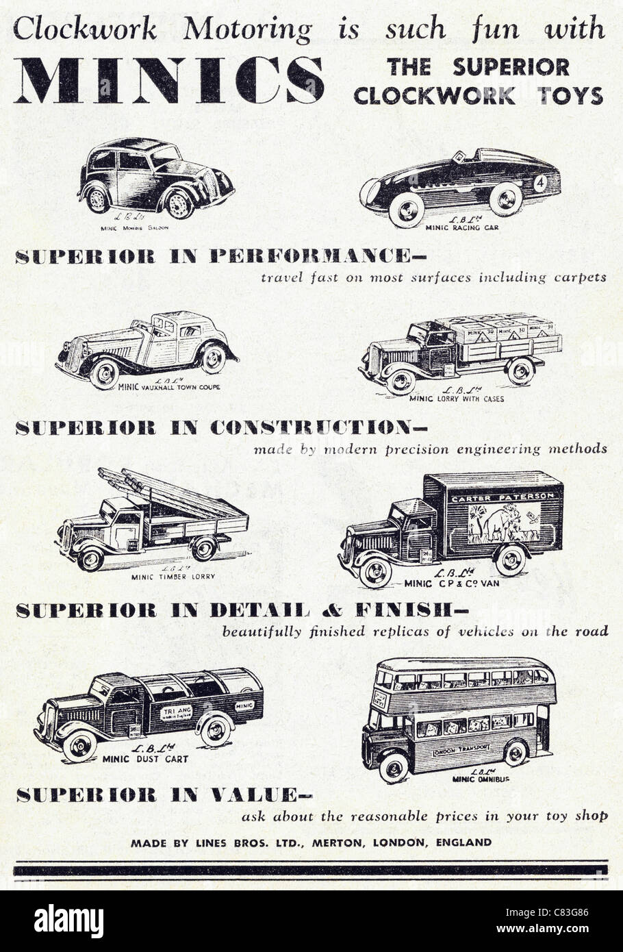 Hobby annuncio rivista nel 1948 circa pubblicità OROLOGERIA MINICS giocattoli realizzati mediante linee BROS LTD DI LONDRA Foto Stock