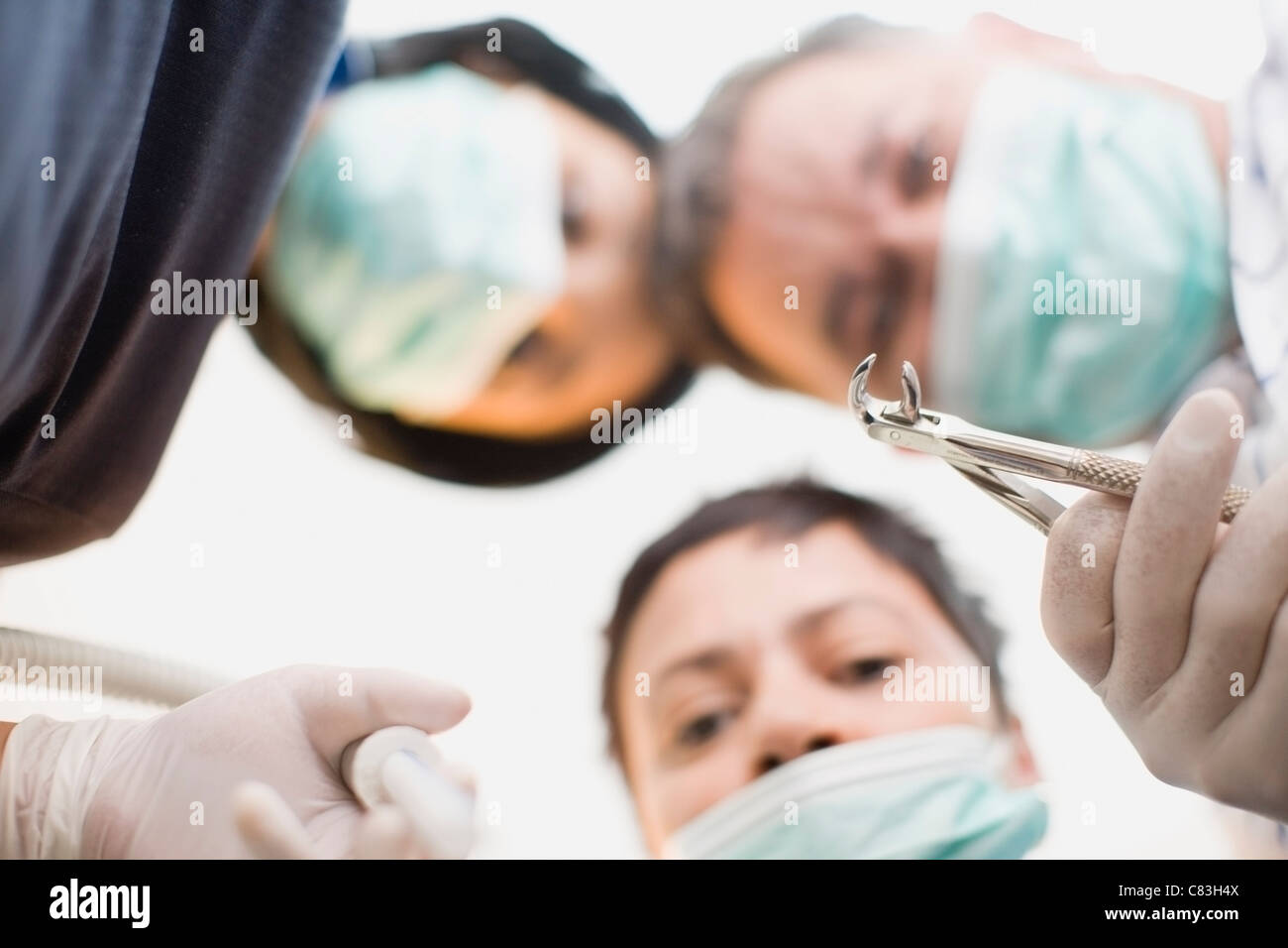 Dentisti con lo strumento del peering su paziente Foto Stock