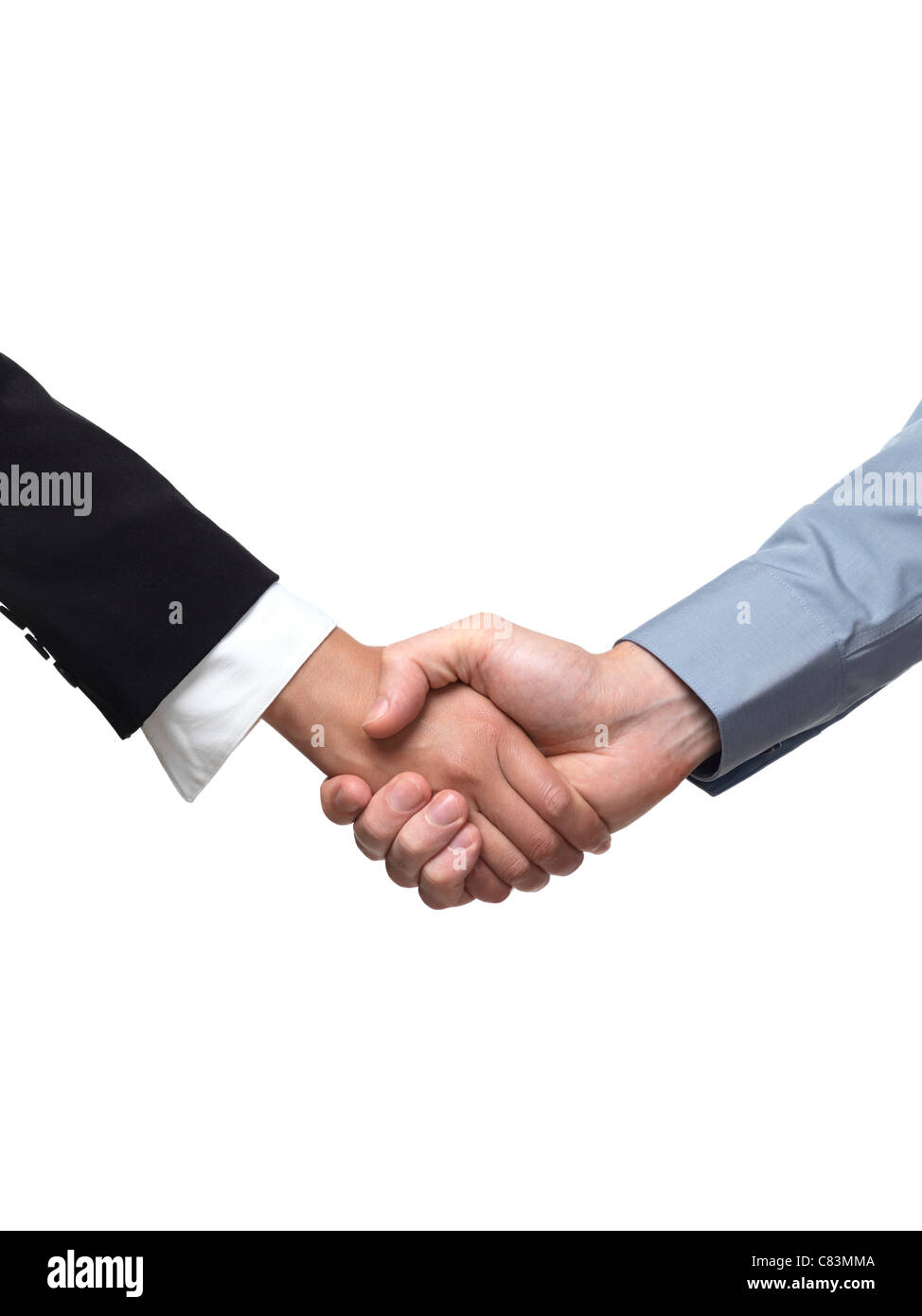 Imprenditore e imprenditrice stringono le mani. Isolato su sfondo bianco. Contiene il percorso di clipping. Foto Stock