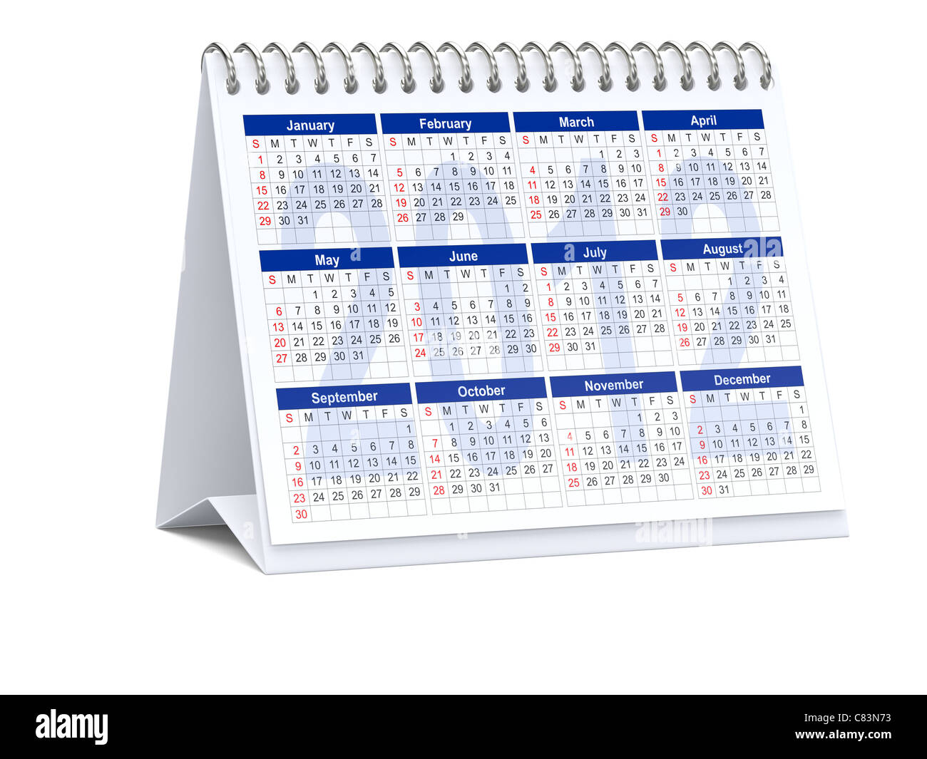 3D rendering di 2012 Escursioni Calendario su sfondo bianco Foto Stock