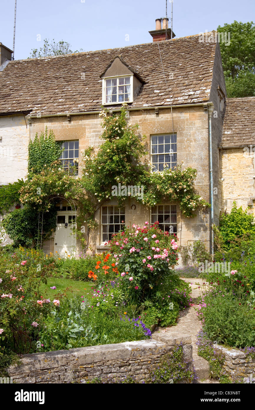 Bella rosa rampicante coperto Cotswold cottage, vicino Avening, Gloucestershire, Regno Unito Foto Stock