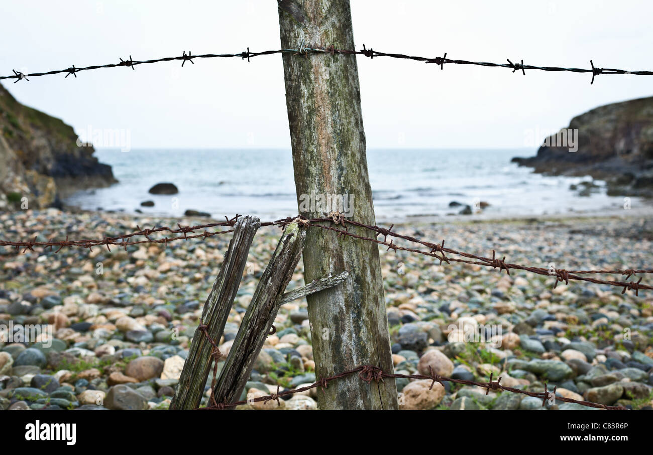 Filo spinato sulla spiaggia rocciosa Foto Stock