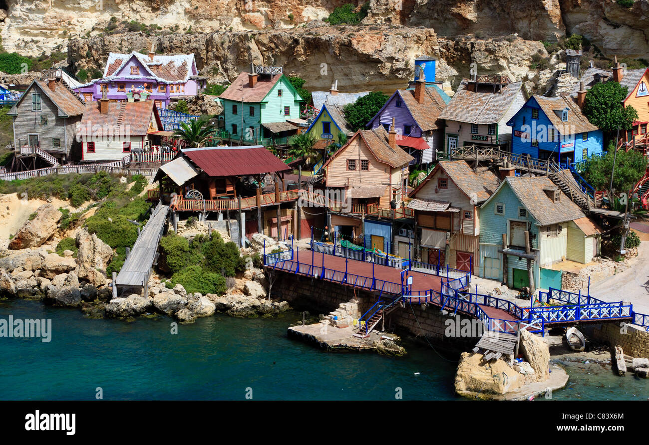 Popeye Village in Malta. Questo è il set di un film di Robert Altman del filmato. Foto Stock