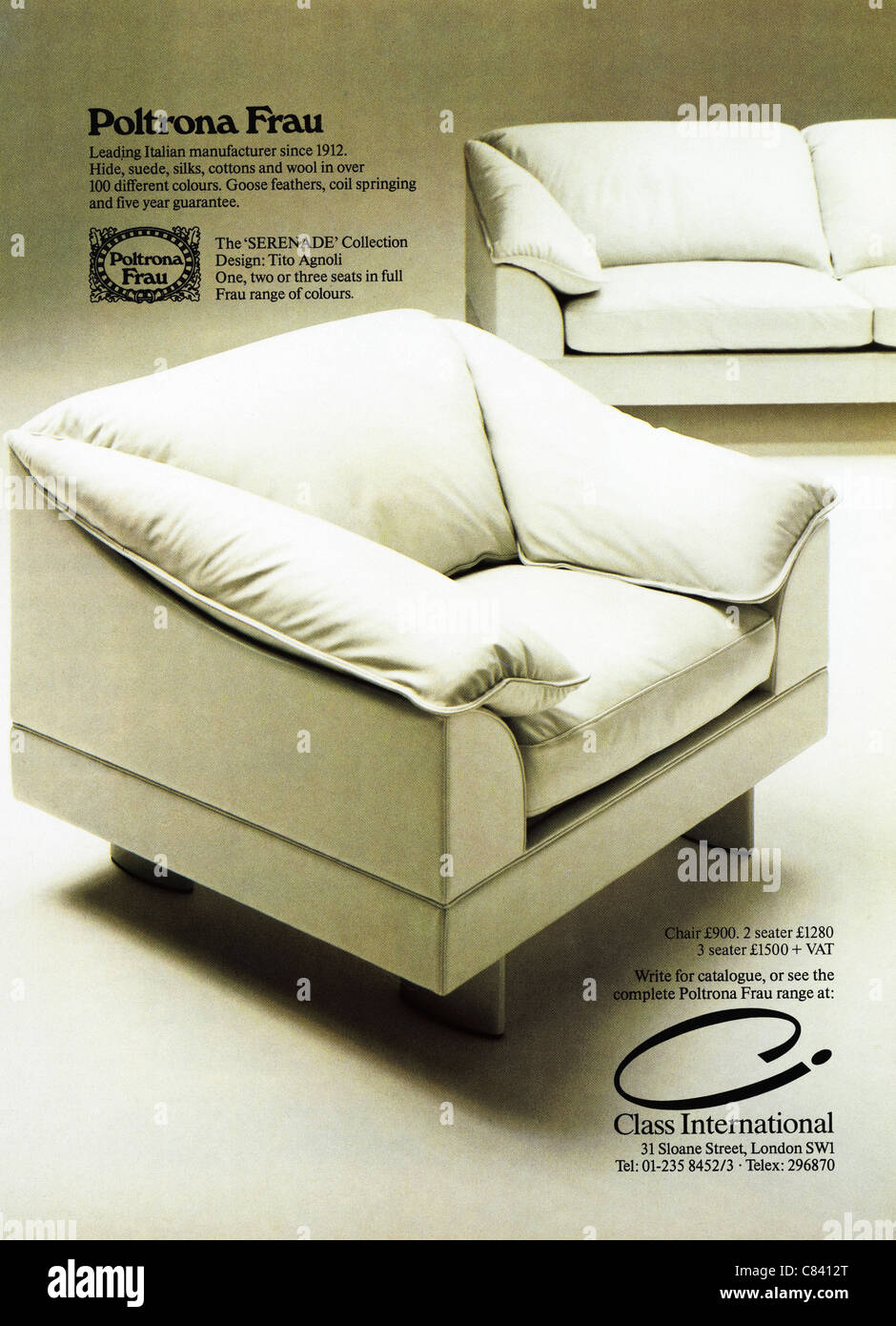 Pagina piena annuncio rivista circa 1984 pubblicità Poltrona Frau design italiano contemporaneo mobili Foto Stock