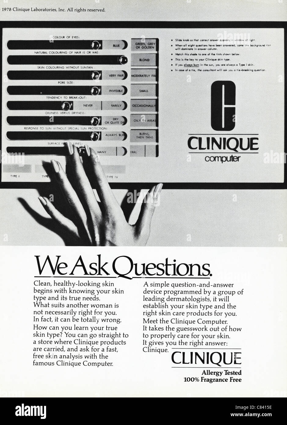 Pagina piena annuncio rivista circa 1984 pubblicità CLINIQUE cosmetici prodotti di pelle Foto Stock