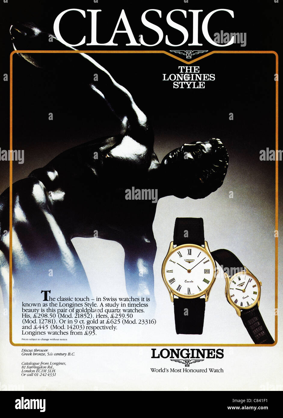 Pagina piena annuncio rivista circa 1984 pubblicità Longines Watches Foto Stock