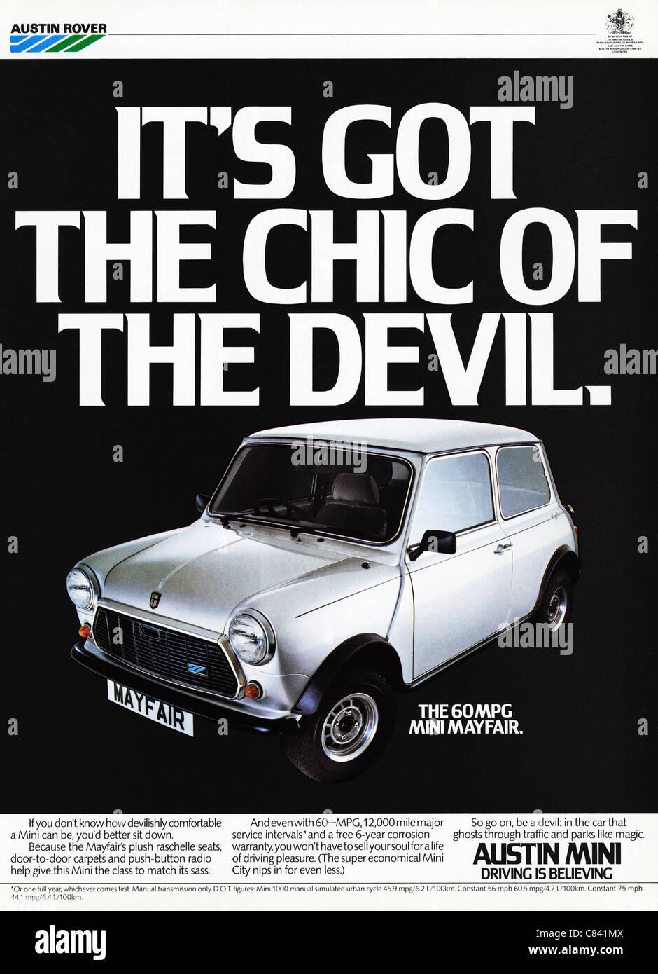 Pagina piena annuncio rivista circa 1984 pubblicità Austin Rover Mini auto Foto Stock