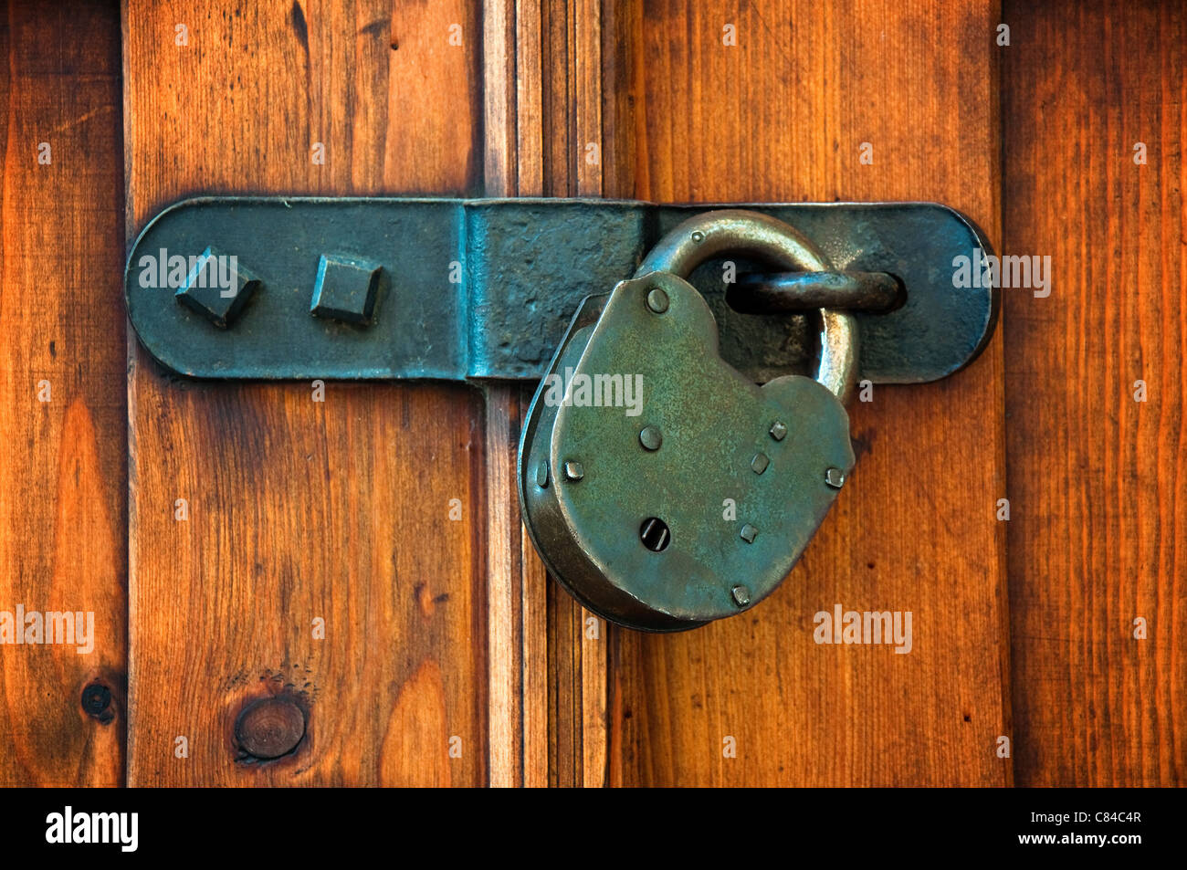 Chiusa la porta di legno con serratura in metallo Foto Stock