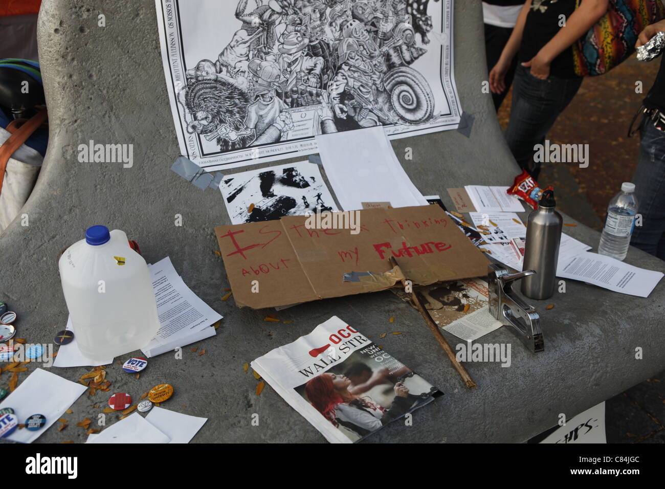 Occupare Bloomington Wall Street segni di protesta a popoli Park. La protesta ha iniziato domenica 9 ottobre 2011 in solidarietà ai manifestanti che occupano Wall Street a New York. Foto Stock