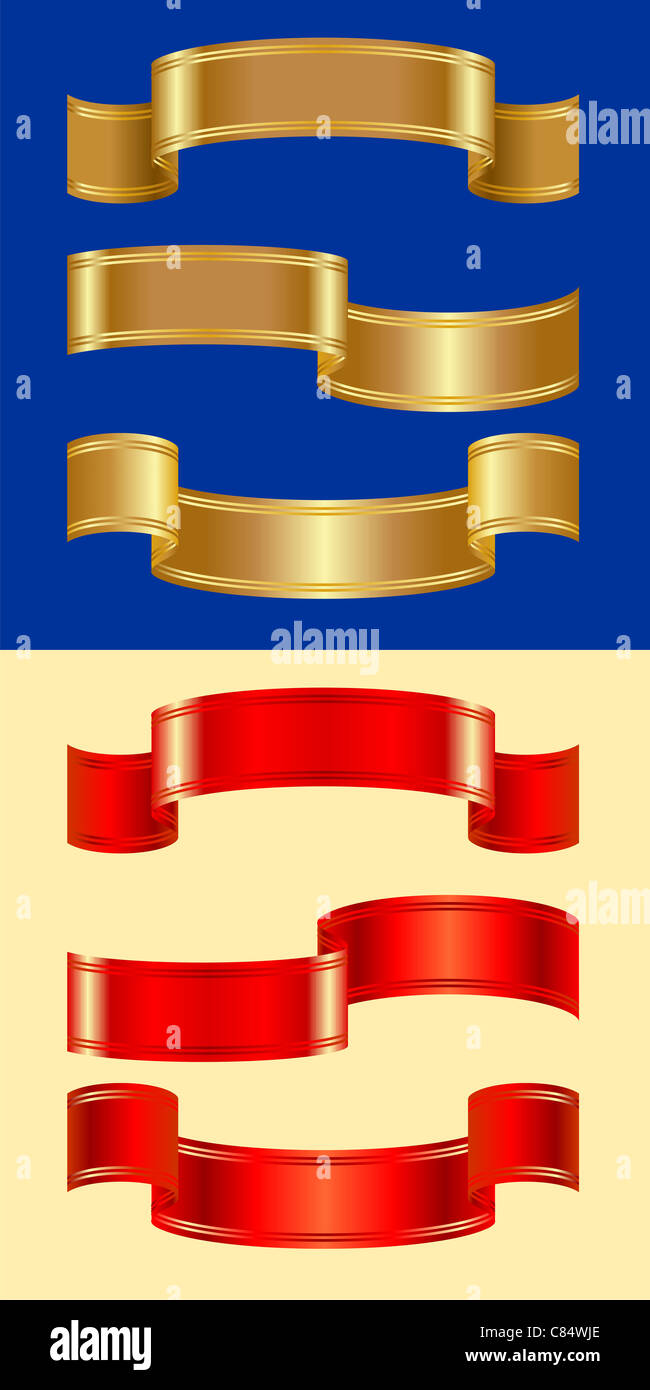 Tre versioni di oro e rosso cinghie lucido con due strisce Foto Stock