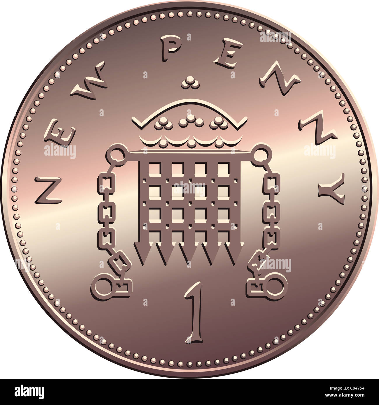 British denaro Moneta di bronzo nuovi neanche un centesimo con portcullis e corona, isolati su sfondo bianco Foto Stock