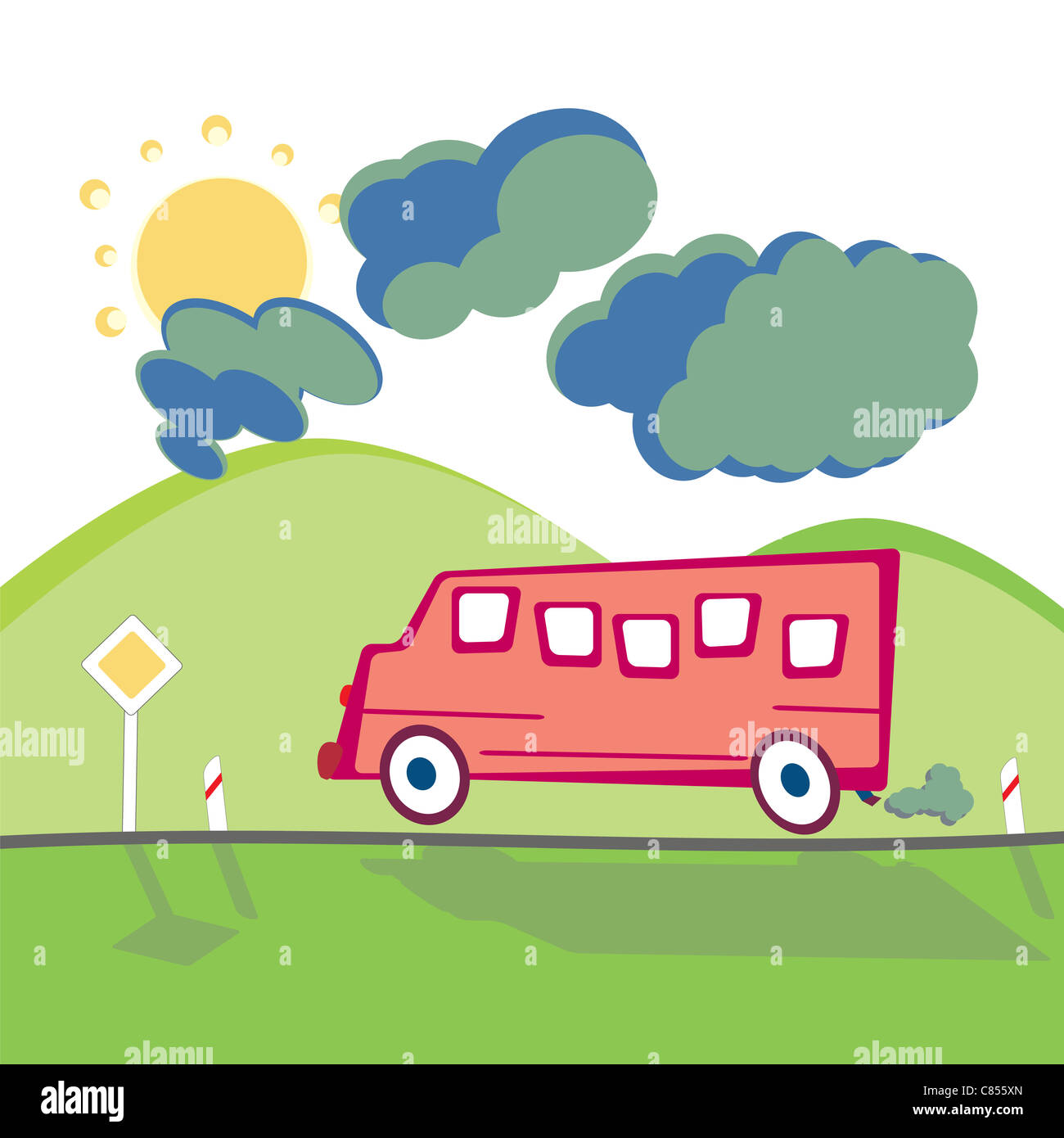 Esecuzione di bus sulla strada di montagna nel cartone animato stile infantile Foto Stock