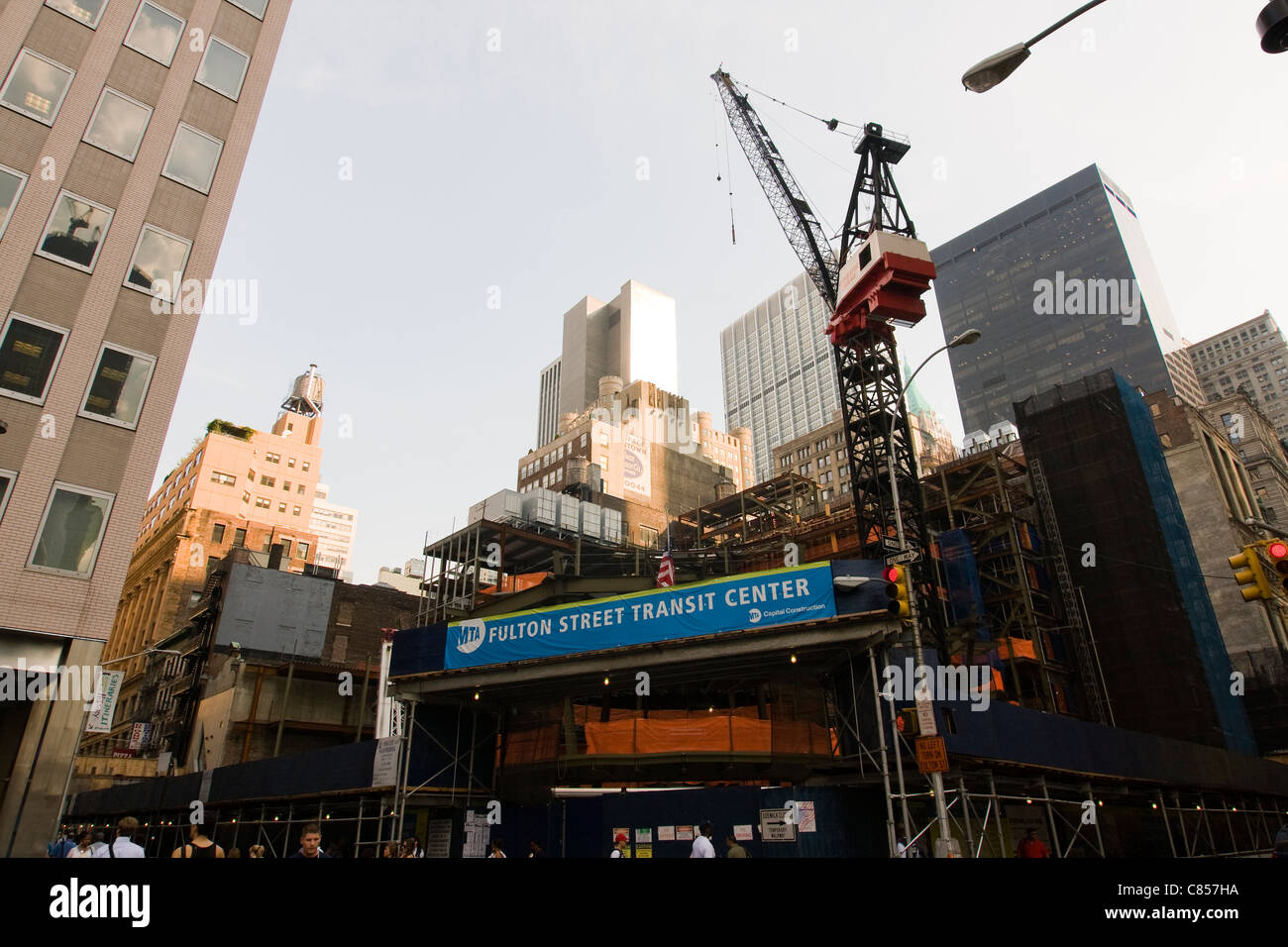 Il Fulton Street Transit Centre in costruzione in Lower Manhattan, New York City Foto Stock