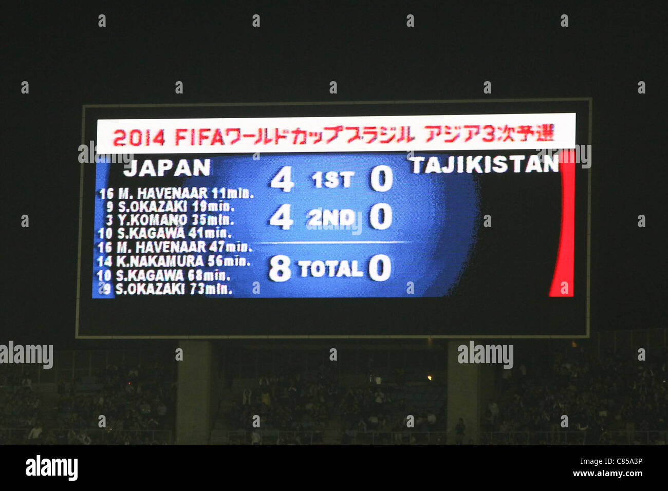 La scheda punteggio mostra i punti di corrente per il 2014 FIFA World Cup qualificazioni asiatiche terzo round match tra Giappone 8-0 Tagikistan. Foto Stock