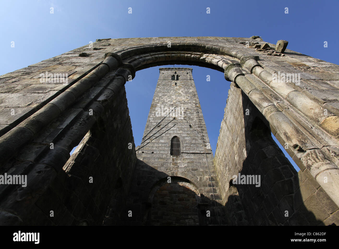 Città di St Andrews, Scozia. Basso angolo vista ravvicinata della St regola rovine della chiesa. Foto Stock