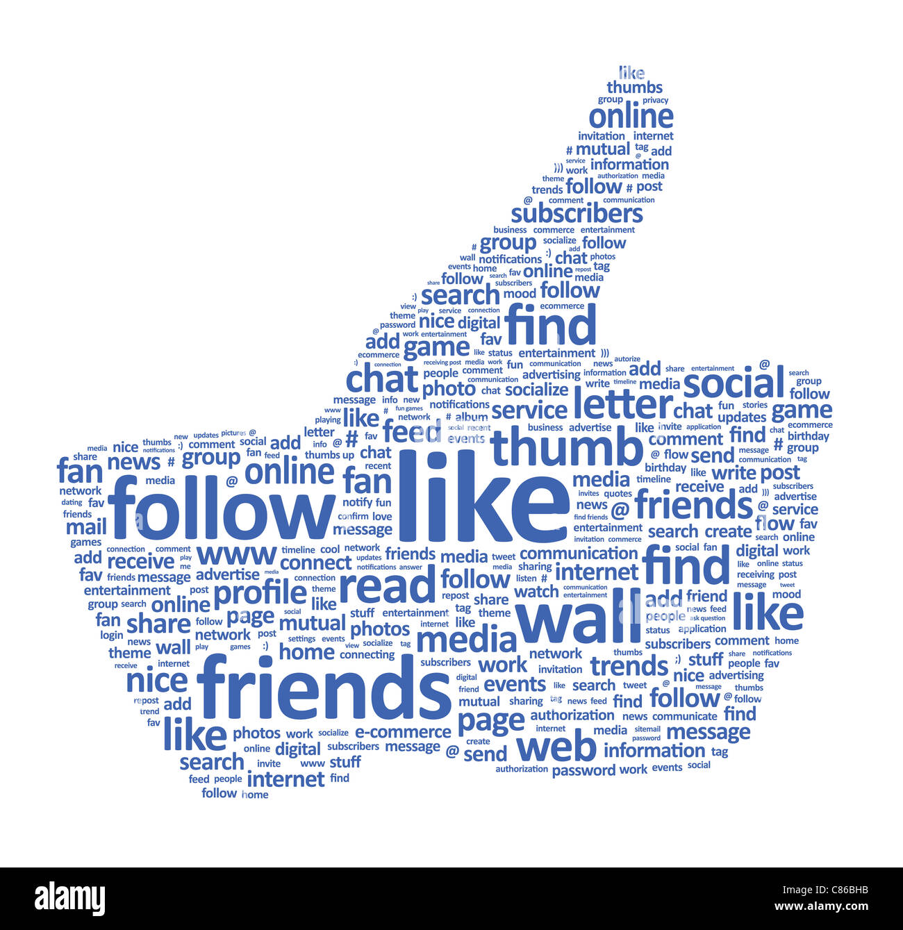 Illustrazione del pollice su un simbolo che è composto di parole su social media i temi. Isolato su bianco. Foto Stock