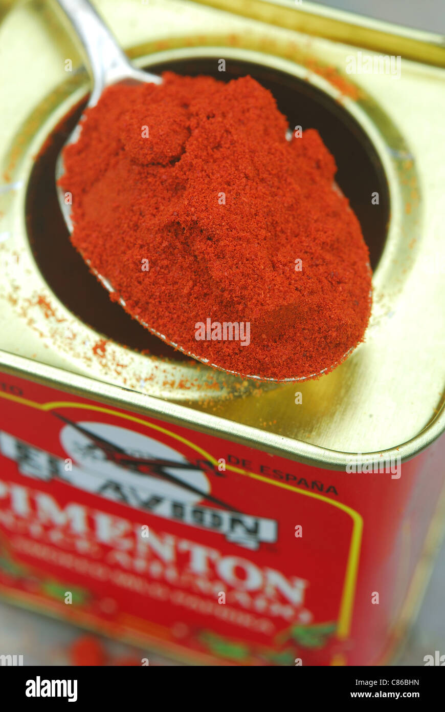 Un cucchiaio e lo stagno di spagnolo dolce affumicato paprika in polvere (pimenton dulce ahumado). 2011. Foto Stock