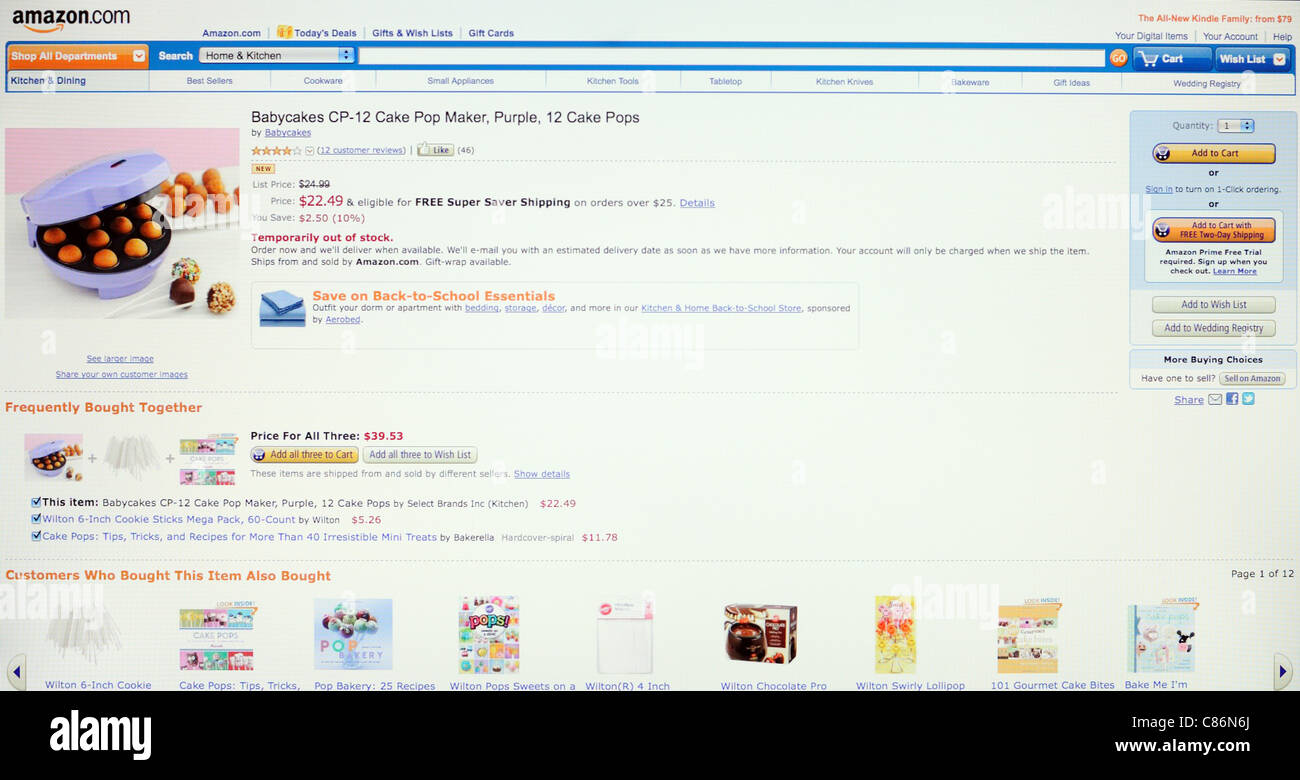 Sito Web di Amazon.com pagina con una temporanea fuori stock oggetto. Foto Stock