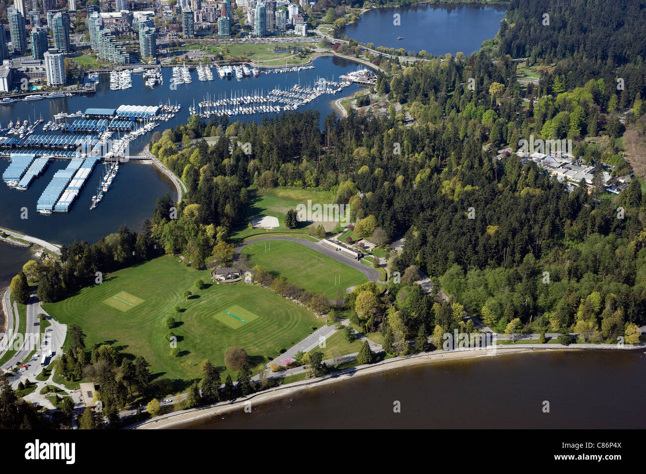 Antenna di Vancouver - lo Stanley Park e a Vancouver West End Foto Stock